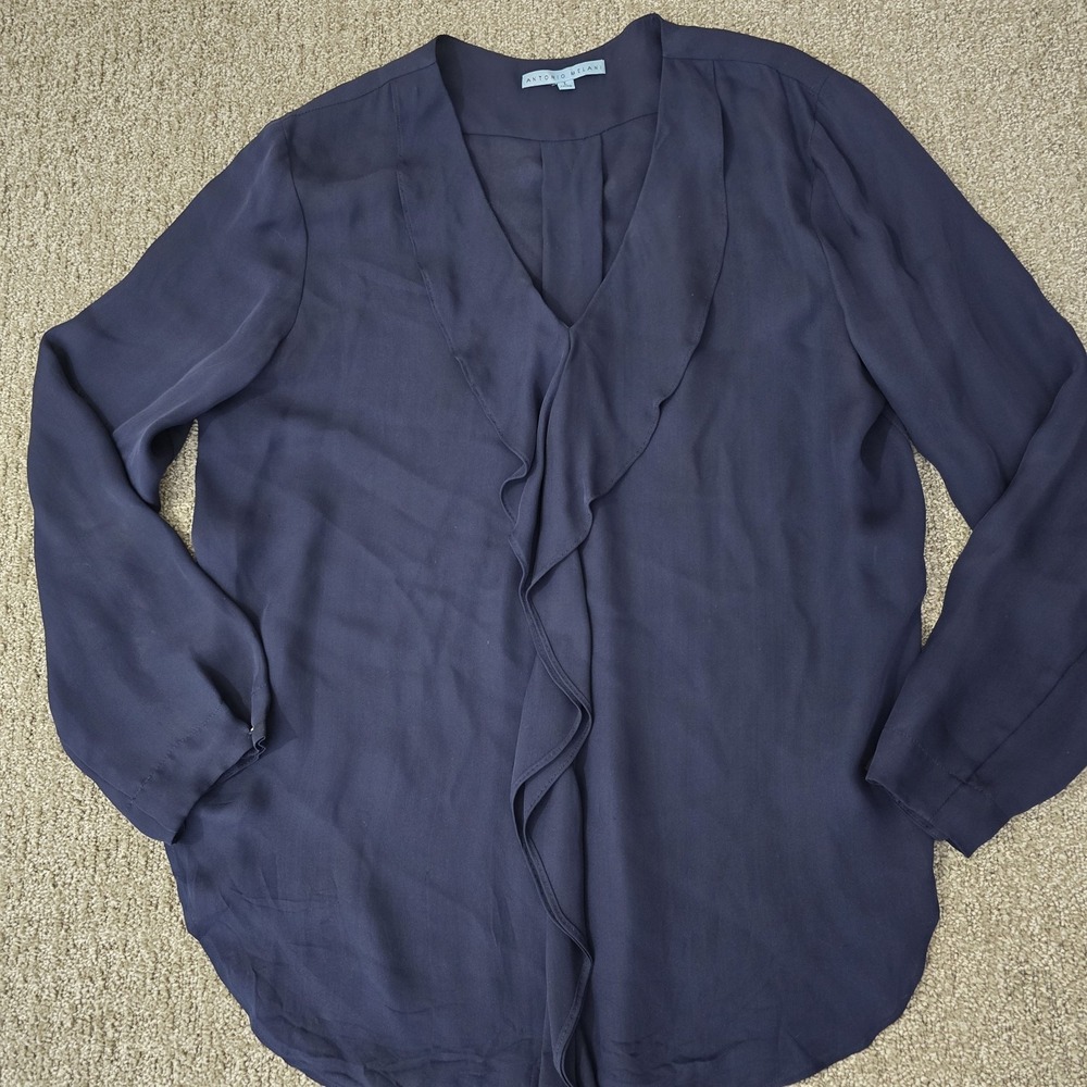 Antonio Melani 100% Silk Blouse‎ Women L Navy Wrap V Neck Long Sleeve